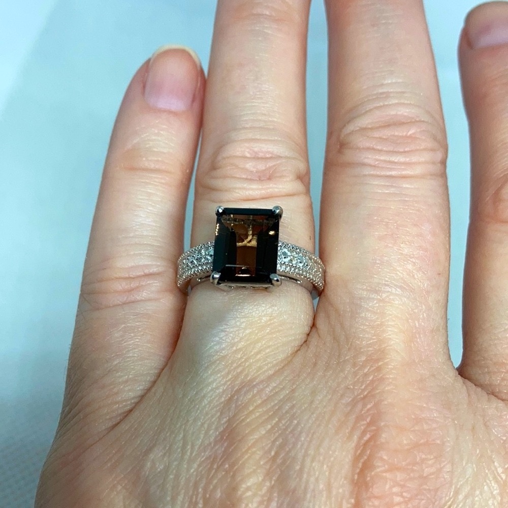 *Karis Collection Emerald Cut Brazilian Smokey Quartz and Diamond Ring J47